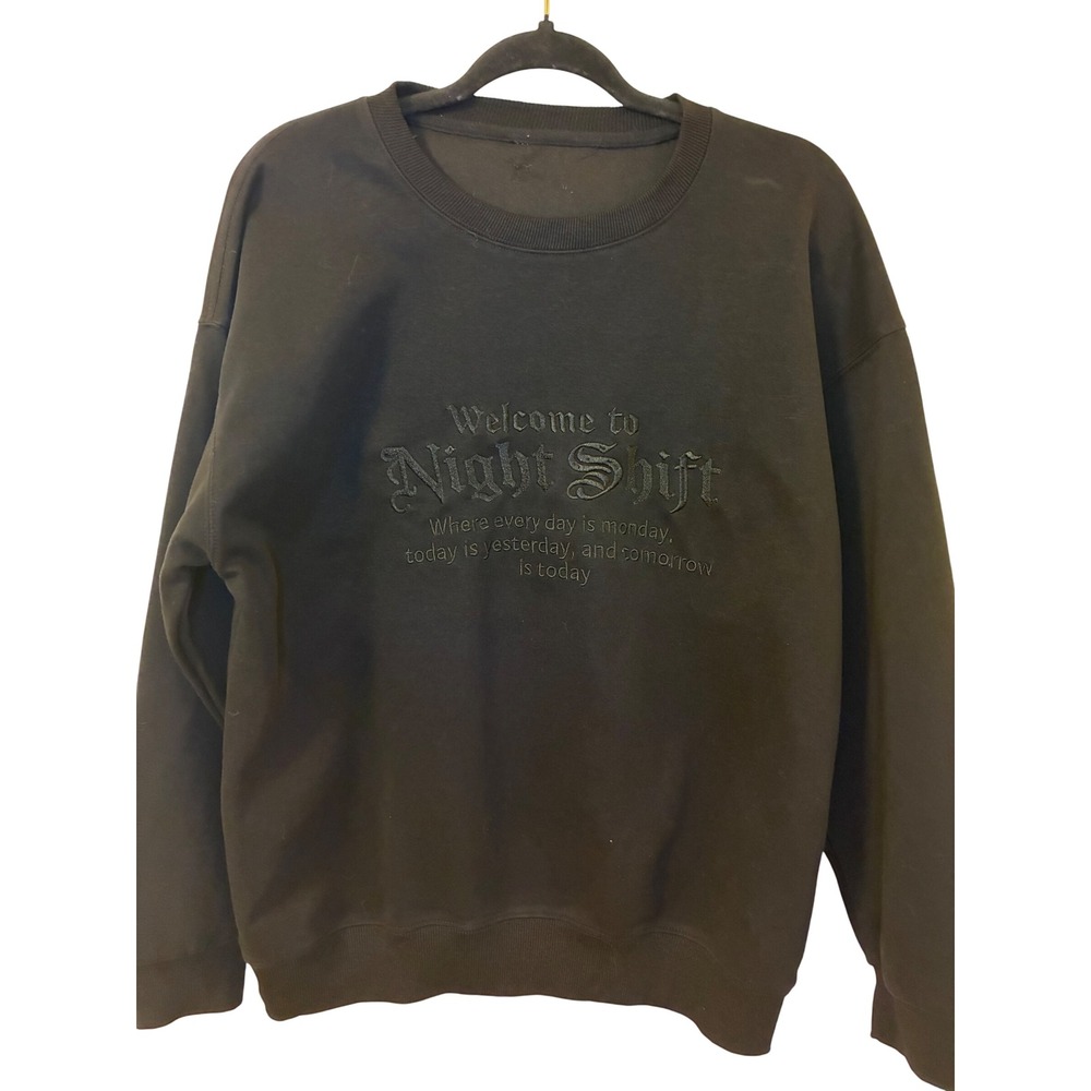 Welcome to Night Shift Black Embroidered Crewneck Sweatshirt Goth Streetwear